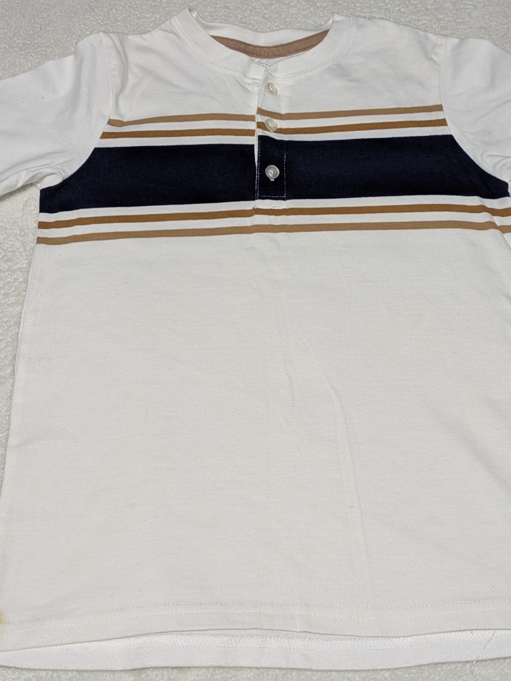 365 Kids Boys Henley Shirt Size 8 White Navy Blue Tan Striped Tee Short Sleeve